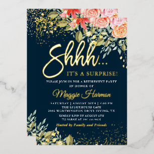 Real Folie Blue Gold Floral Surprise Retirement Uitnodiging