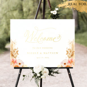Real Folie Peach Floral Weddenschap Welcome Sign Afdrukken