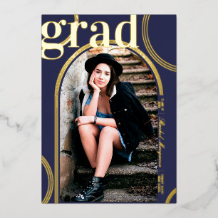 Real Gold Blue Circle Geometric Arch Afstuderen Folie Uitnodiging