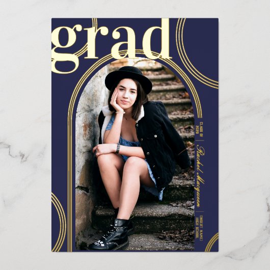 Real Gold Blue Circle Geometric Arch Afstuderen Folie Uitnodiging (Voorkant)