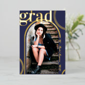 Real Gold Blue Circle Geometric Arch Afstuderen Folie Uitnodiging (Staand Voorkant)