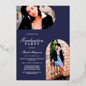 Real Gold Blue Circle Geometric Arch Afstuderen Folie Uitnodiging (Achterkant)