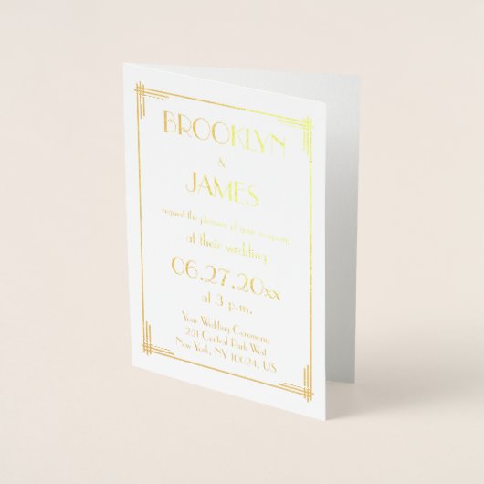 Real Gold Foil Art Déco Wedding Invitations Cartes (Devant)