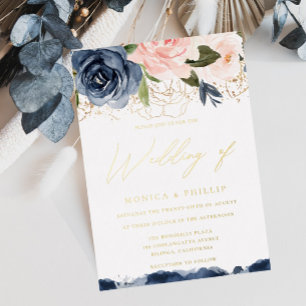 Real Gold Foil Blush & Navy All Seasons Weddenscha Folie Uitnodiging