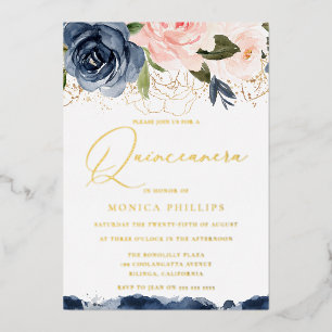 Real Gold Foil Blush & Navy Quinceanera Party Folie Uitnodiging