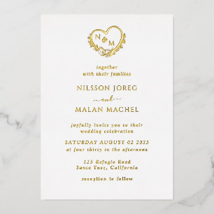 Real Gold Foil Elegant Wreator Monogram Wedding Folie Uitnodiging