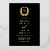 Real Gold Foil Leafy Crest Monogram Weddenschap Folie Uitnodiging (Voorkant)