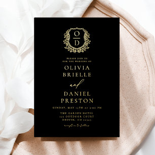 Real Gold Foil Leafy Crest Monogram Weddenschap Folie Uitnodiging