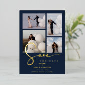 Real Gold Modern Collage in Navy Blue Fancy Script Folie Uitnodiging (Staand Voorkant)