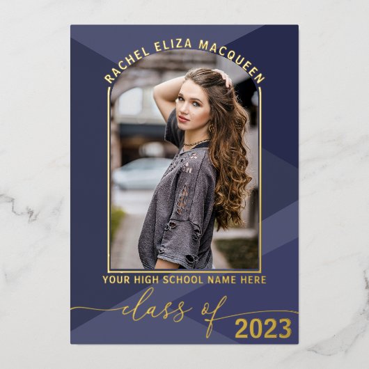 Real Gold Navy Blue Geometric Photo Afstuderen Folie Uitnodiging (Voorkant)