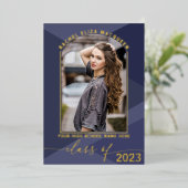 Real Gold Navy Blue Geometric Photo Afstuderen Folie Uitnodiging (Staand Voorkant)