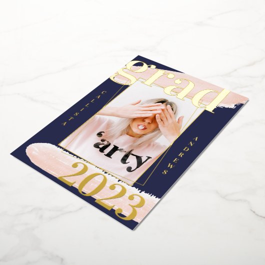 Real Gold Pink Blue Waterverf Foto Afstuderen Folie Uitnodiging (Gedraaid)