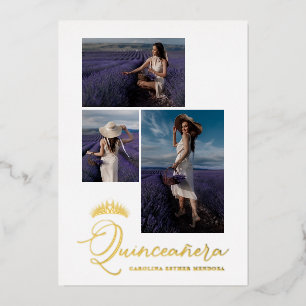 Real Golden Tiara Minimalist Quinceañera Spaans Folie Uitnodiging