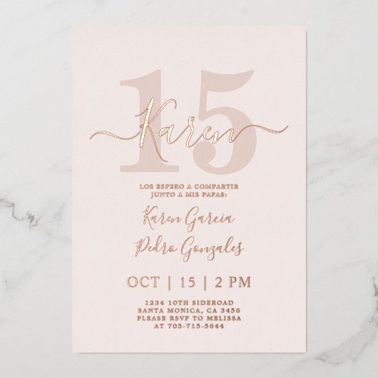 Real Roos Gold foil Quinceañera Invitation Folie Uitnodiging (Voorkant)