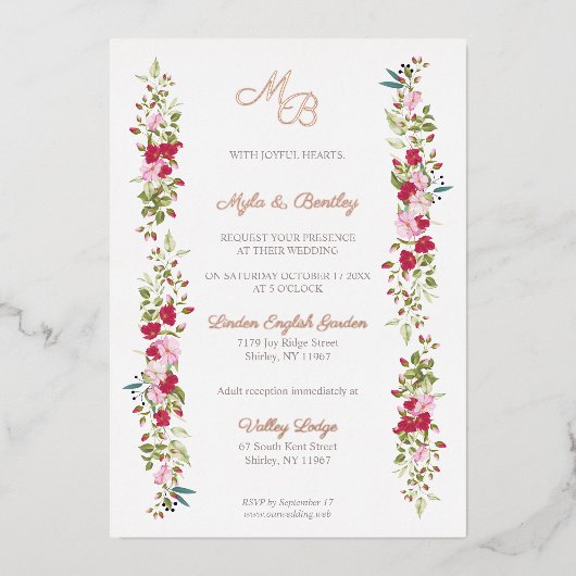 Real Rose Gold Red and Pink Floral Garland Initial Folie Uitnodiging (Voorkant)