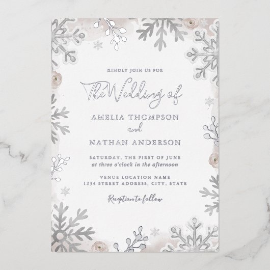 REAL SILVER FOIL Blush Snowflake Weddenschap Folie Uitnodiging (Voorkant)