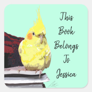 Realistic Cockatiel Bird Perched op boeken Art Sch Vierkante Sticker