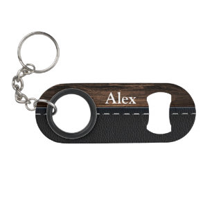 Realistisch hout en gelakte lederen textuur sleutelhanger flessenopener