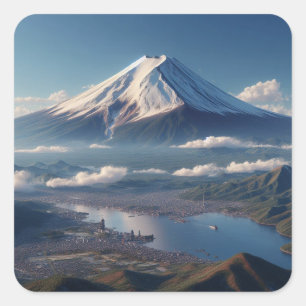 Realistisch landschap met Mount Fuji Japan Reis Vierkante Sticker