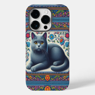 Realistisch Russisch blauw Kat Kleurrijke Bloemen  Case-Mate iPhone 14 Pro Hoesje