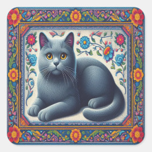 Realistisch Russisch blauw Kat Kleurrijke Bloemen  Vierkante Sticker