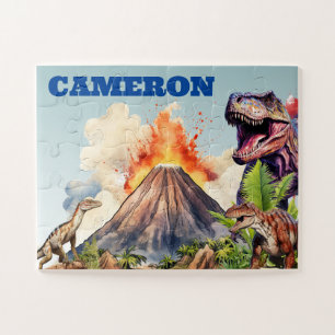 Realistische dinosaurussen en vulkaan aangepaste n legpuzzel