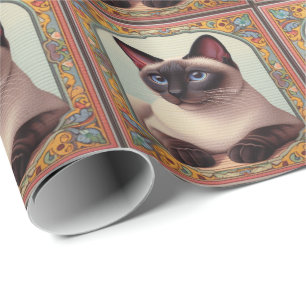 Realistische Schattigee Siamese kat Kleurrijke Blo Cadeaupapier