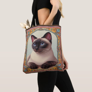 Realistische Schattigee Siamese kat Kleurrijke Blo Draagtas