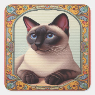 Realistische Schattigee Siamese kat Kleurrijke Blo Vierkante Sticker