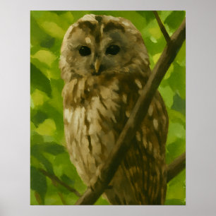 Realistische Uil Schilderen in Woodland Instelling Poster