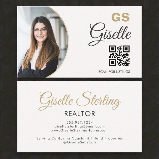 Realtor Neutral Gold Photo Monogram QR Code Visitekaartje