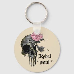 Rebel Soul - Gotische schedel met roze roos Sleutelhanger