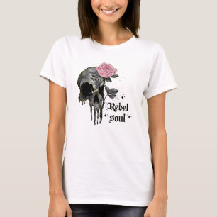 Rebel Soul - Gotische schedel met roze roos T-shirt