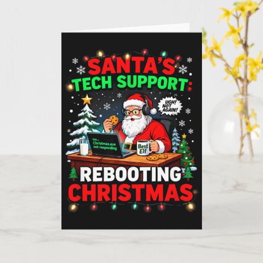 Rebooting Funny Santa's Tech Suprt Christmas Compu Kaart (Gele Bloem)