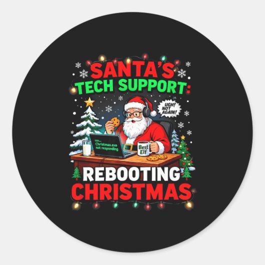 Rebooting Funny Santa's Tech Suprt Christmas Compu Ronde Sticker (Voorkant)