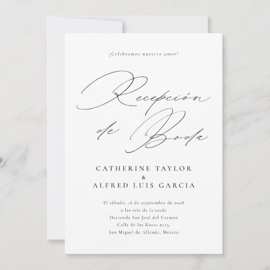 Recepción de boda Spaans Taal Zwart Script Kaart (Voorkant)
