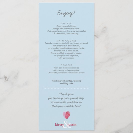 RECEPTIE DINER MENU leuke vingerafdruk hart blauw (Achterkant)