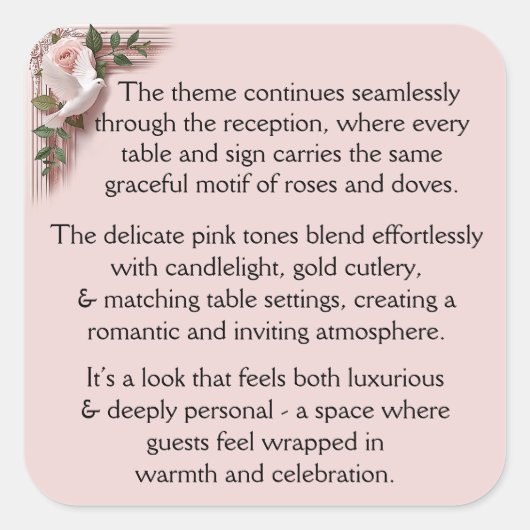 Reception Ceremony -  Pink Roses & Doves Vierkante Sticker (Voorkant)