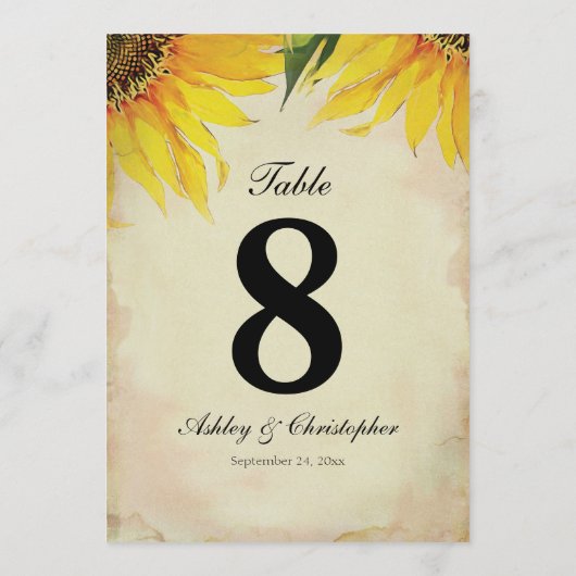 Réception de mariage de tournesol Numéro de table  (Dos)