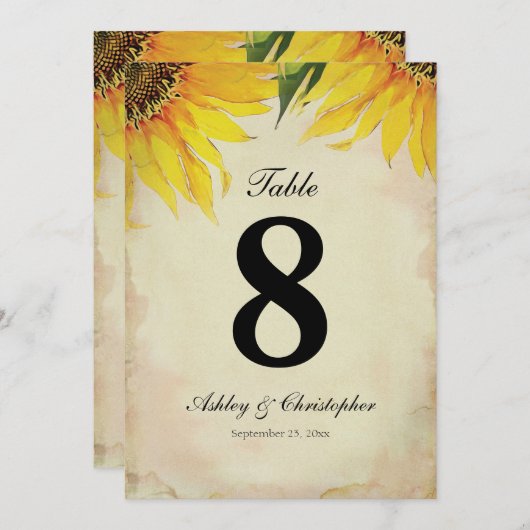 Réception de mariage de tournesol Numéro de table  (Devant / Derrière)