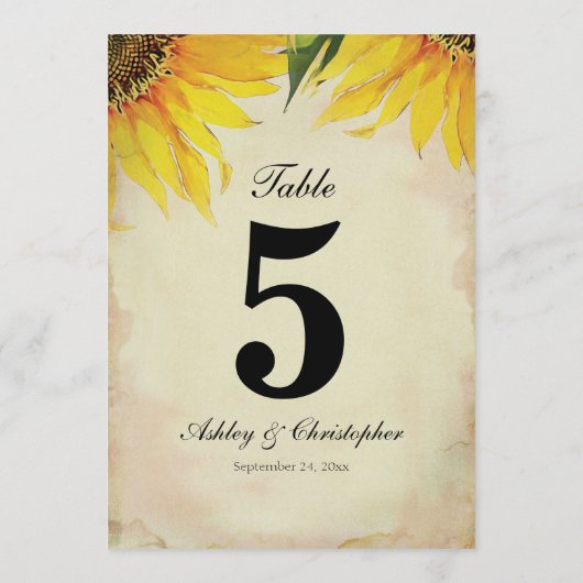 Réception de mariage de tournesol Numéro de table (Dos)