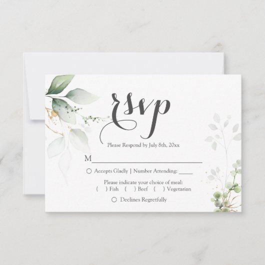 Réception de mariage Feuille en or vert RSVP (Devant)