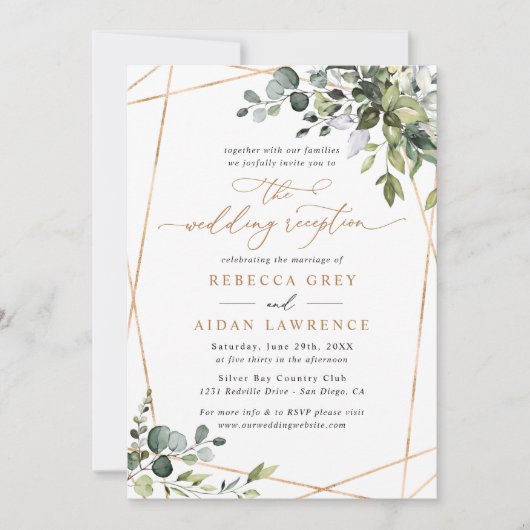 Réception de mariage Gold Green moderne Invitation (Devant)