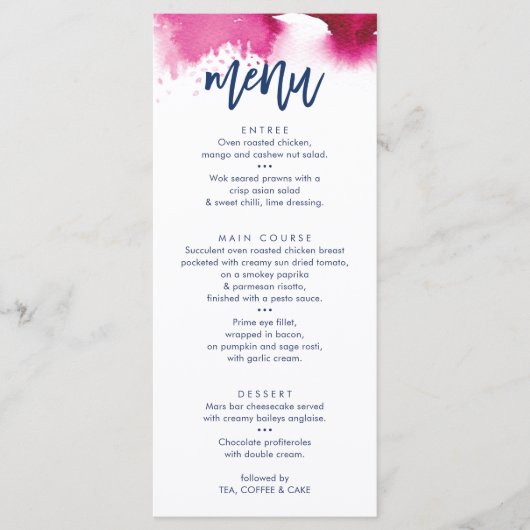 RECEPTION WEDDING MENU cute navy pink watercolor (Devant)
