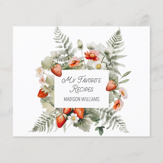 Receptkaart met rode groene aardbeien bloem blader (Voorkant)