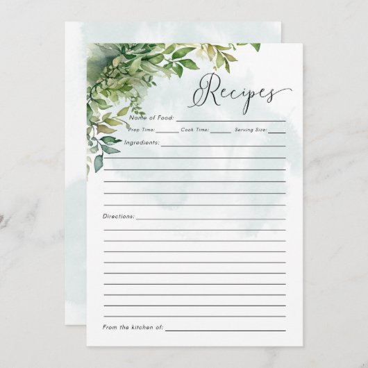 Recette Carte Aquarelle Vert Baby shower Jeu (Devant / Derrière)