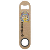 Rechthoekig blauw en rood ijzig, verlicht, letter  speed flessenopener (Voorkant)