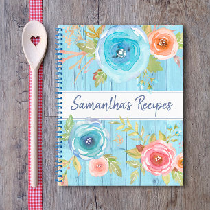 Recipe kookboek floral rustic waterverf blue wood notitieboek