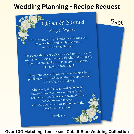 Recipe Request - Cobalt Blue & White Roses Wedding Informatiekaartje