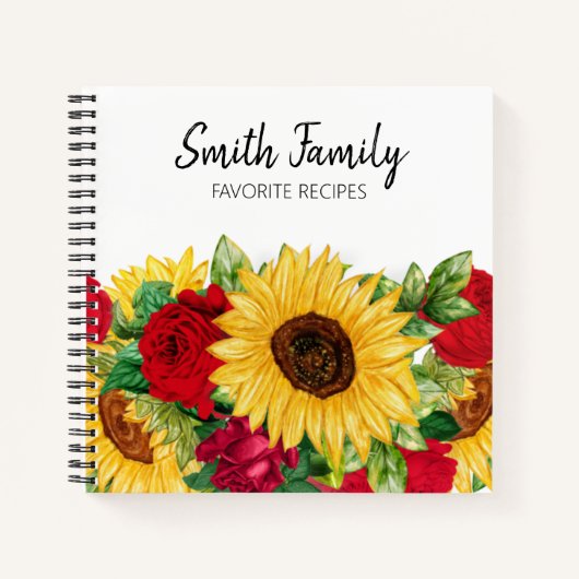 Recipes Cookbook Yellow Sunflower Red Roses White Notitieboek (Voorkant)